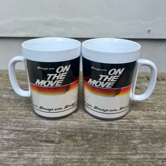 Vintage 90s Snap On Tools USA Thermo-Serv "On The Move" Coffee Mug Plastic Set 2 - Picture 1 of 5